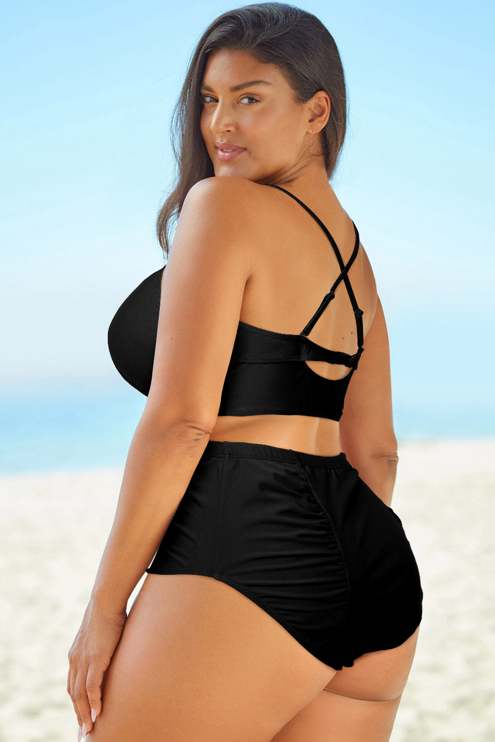 Full Size Halter Neck Crisscross Ruched Two-Piece Swimsuit