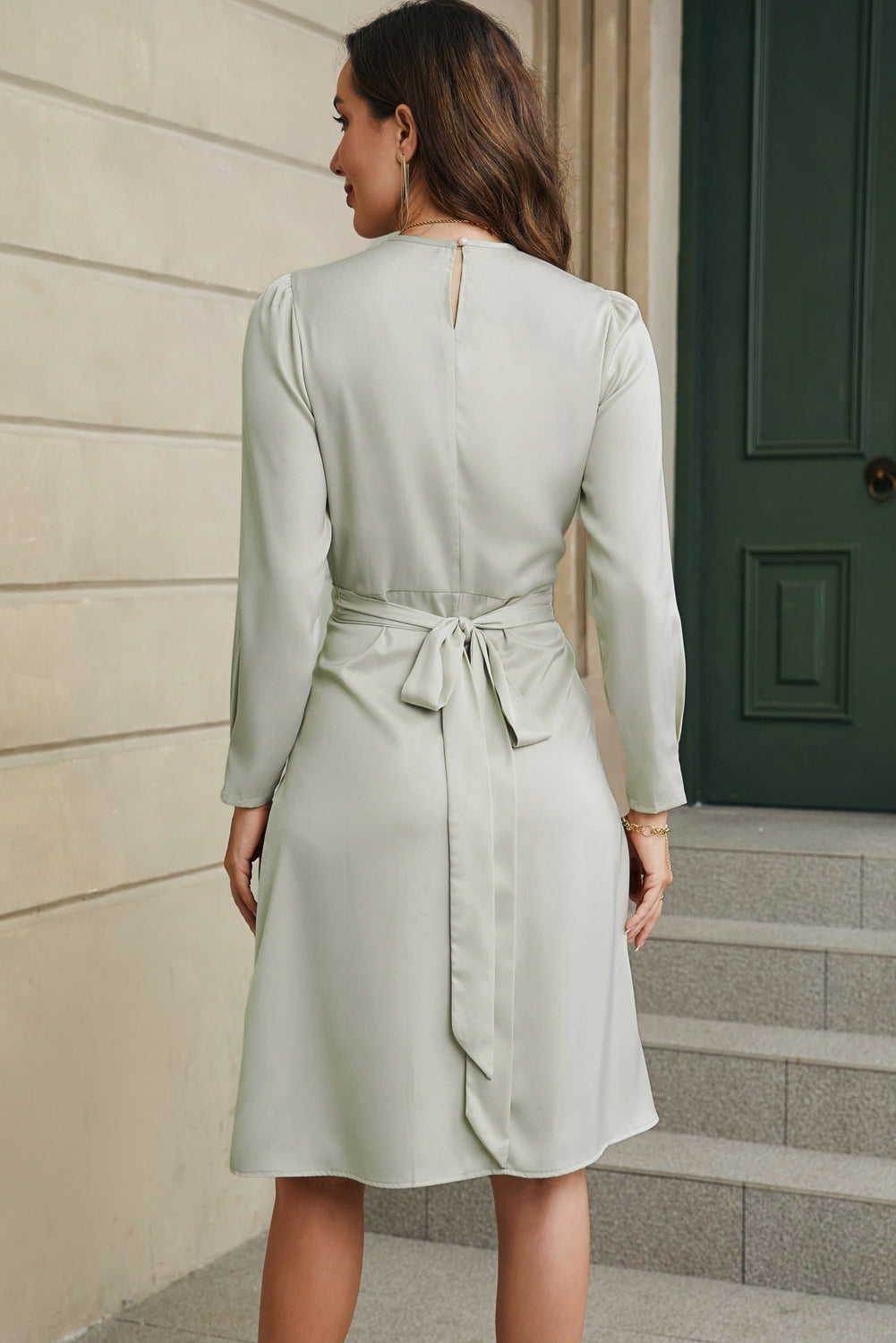 Tie-Waist Round Neck Long Sleeve Dress