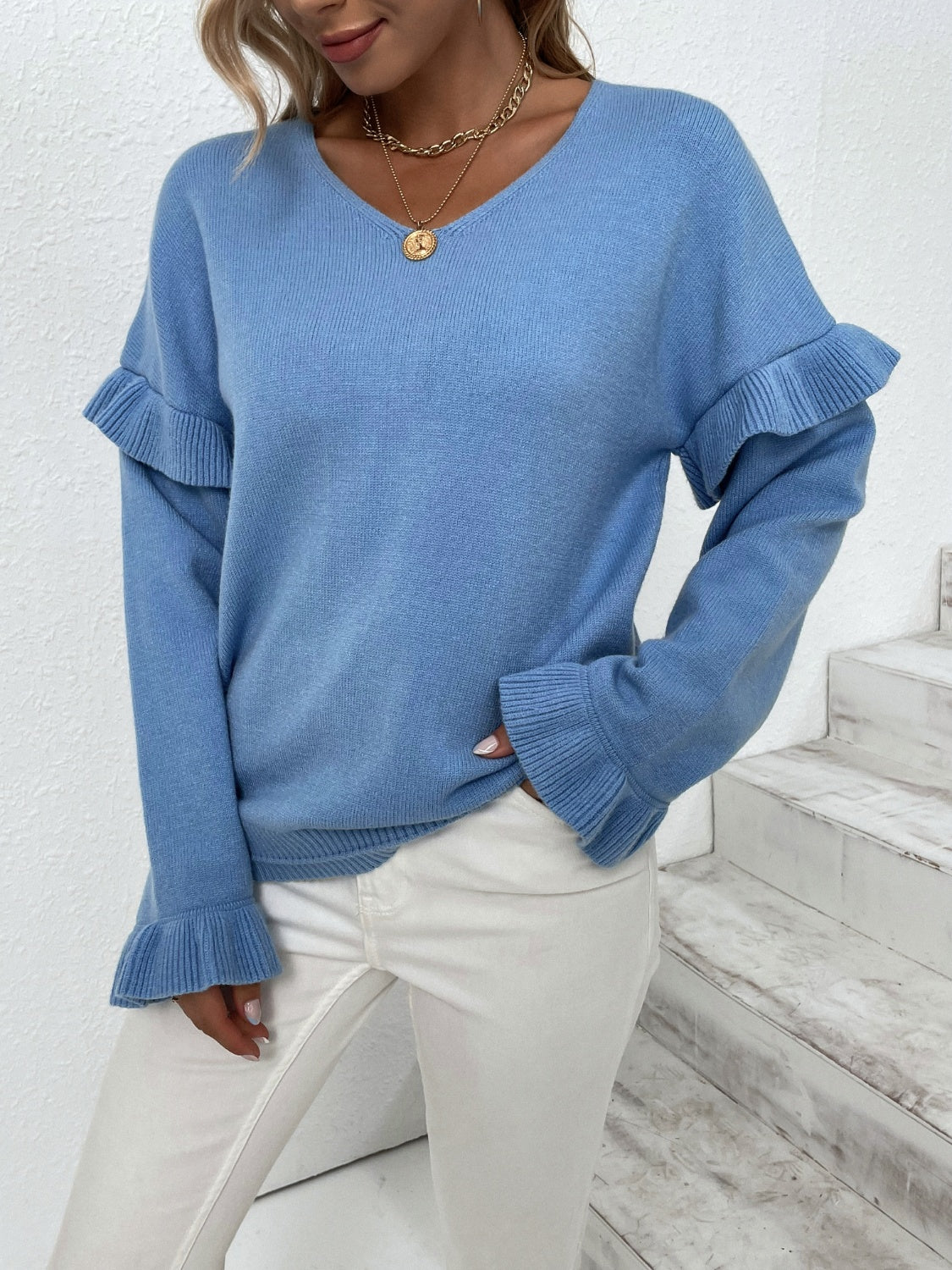 Ruffled V-Neck Dropped Shoulder Sweater