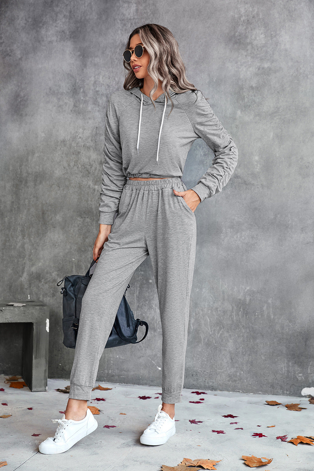 Ruched Raglan Sleeve Hoodie and Joggers Set