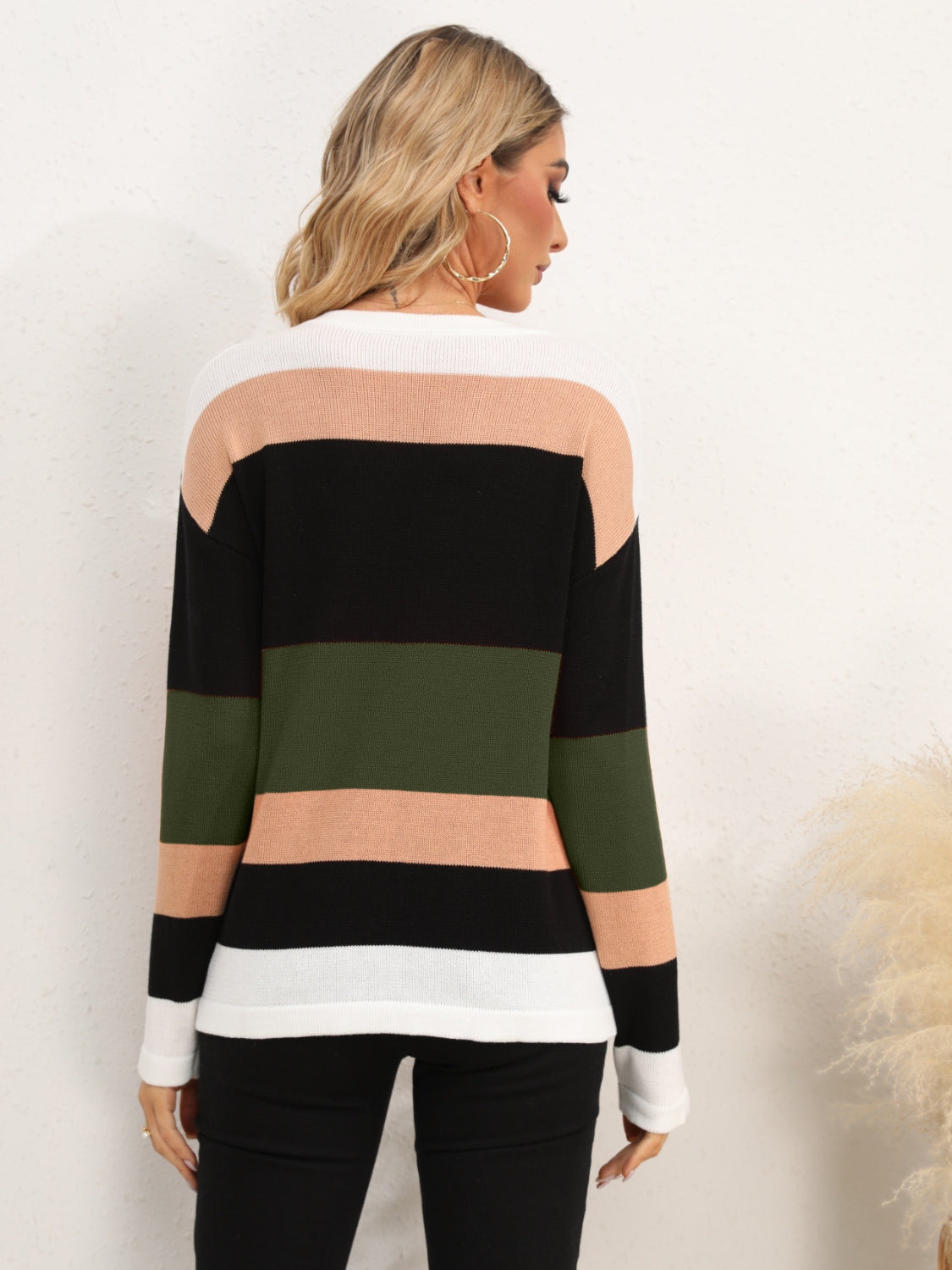 Striped Round Neck Dropped Shoulder Sweater